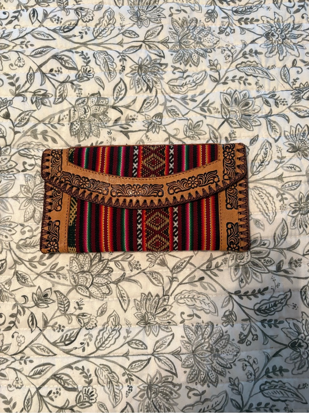 Handcrafted Southwestern Style Leather & Woven Fabric Wallet / Checkbook Clutch